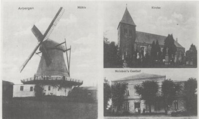 Postkarte mit dem Arberger Dreigestirn Windmhle, Kirche und Gaststtte, um 1928